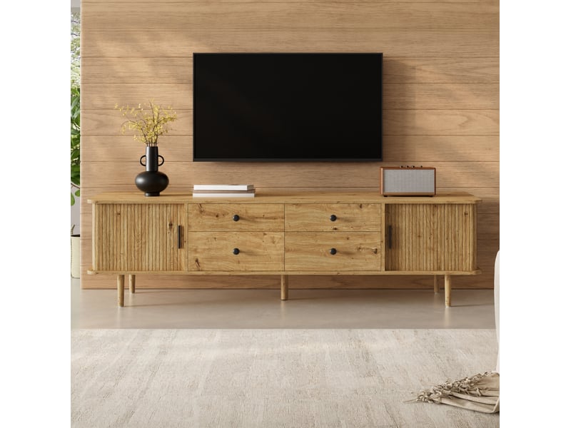  Meuble tv avec 4 tiroirs et 2 portes coulissantes, coins arrondis, pour salon, en mdf bois clair 165 × 40 × 46 cm  - Conforama D