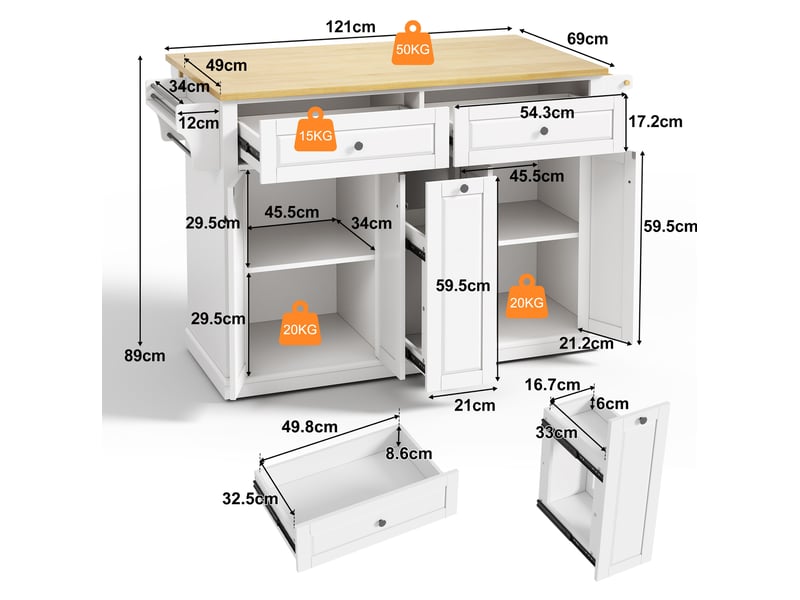 Desserte de cuisine avec plateau rabattable, 3 tiroirs, rangements et roulettes verrouillables 121 × 69 × 89 cm - Conforama C