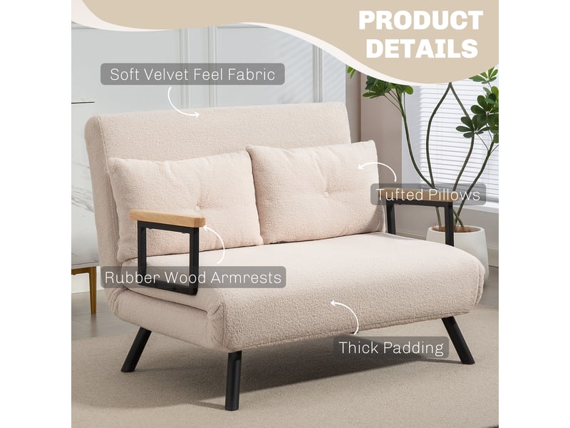 Canapé convertible 2 places 4 en 1, canapé-lit avec dossier réglable sur 5 niveaux, 2 coussins, beige, 102 x 73 x 81 cm - Conforama W
