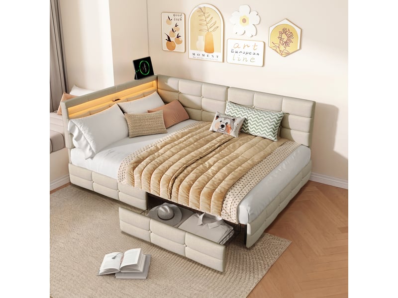  Lit 140x190 avec sommier, tête de lit en forme de l réglable, 2 tiroirs de rangement, led et ports usb, tissu en lin, beige  - Conforama D