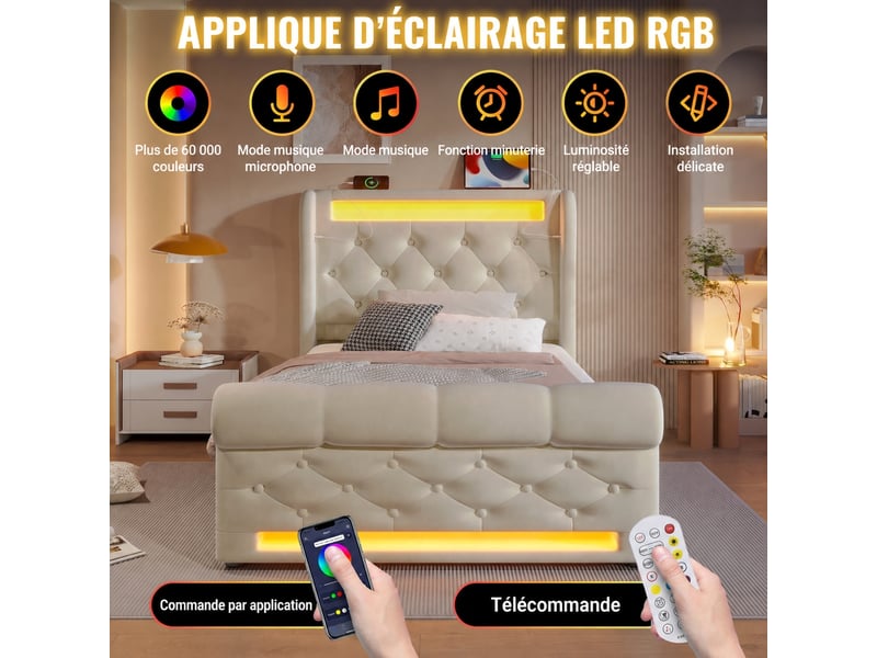  Lit coffre hydraulique, lit rembourré 90 x 200 cm, velours beige, matelas inclus  - Conforama D