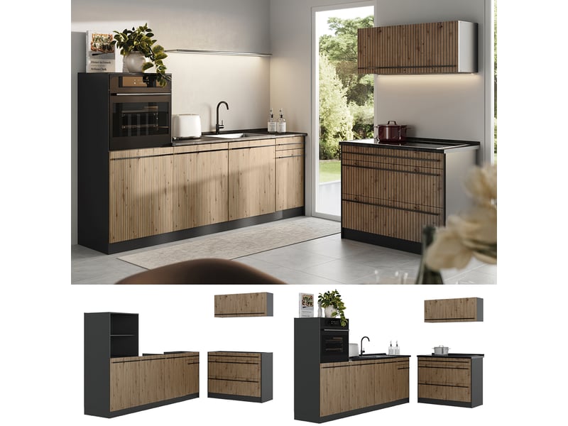  Vicco cuisine, chêne artisananthracite, 220cm sans plan de travail  - Conforama D