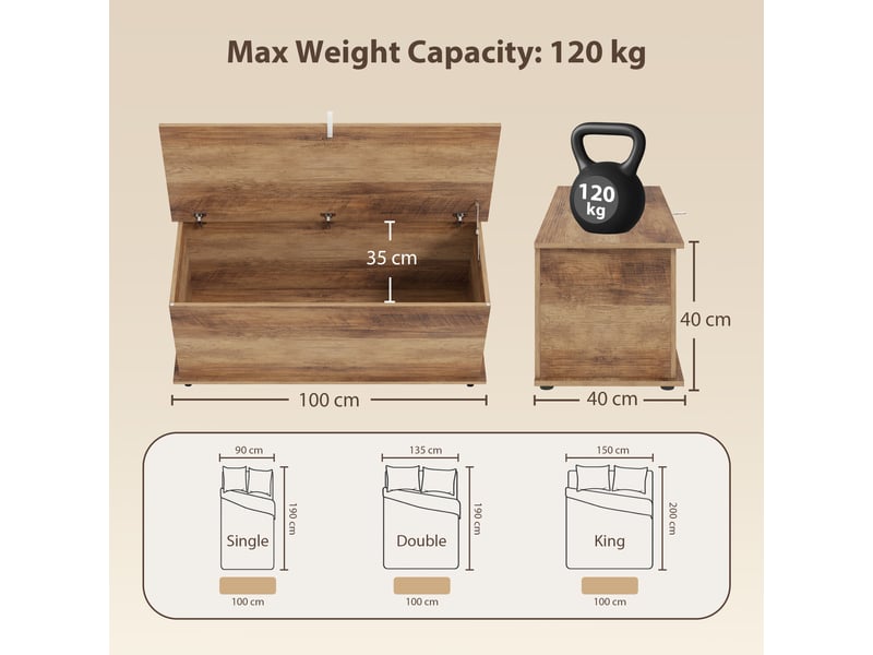  Coffre de rangement, banc de rangement avec couvercle rabattable et charnières de sécurité, marron, 100 x 40 x 40 cm  - Conforama C