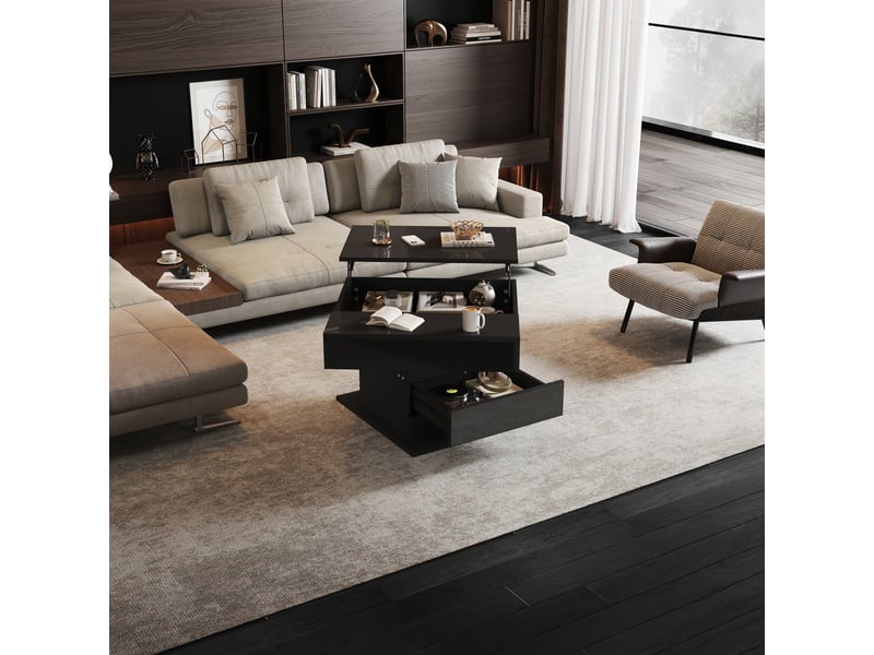  Table basse relevable noire, plateau pivotant à 360°, 1 tiroir, 70 x 70 x 45 cm  - Conforama D