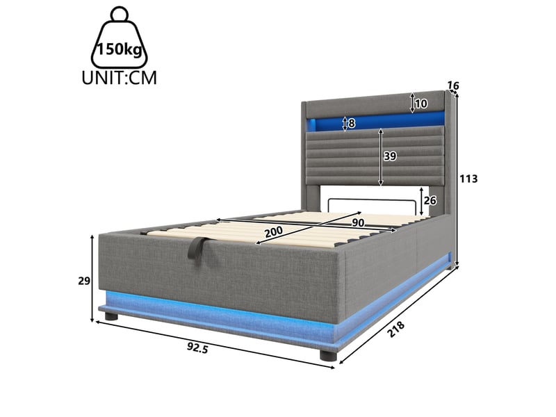  Modenvie lit coffre 90x200 cm - led reglable, ports usb et usb-c, sans matelas - gris  - Conforama C
