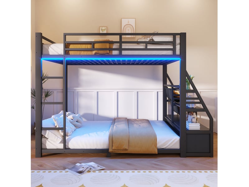  Lit superposé 140x200 cm led, 2 tiroirs tissu, rangement, métal, garde-corps sécurisé, noir, sans matelas  - Conforama E