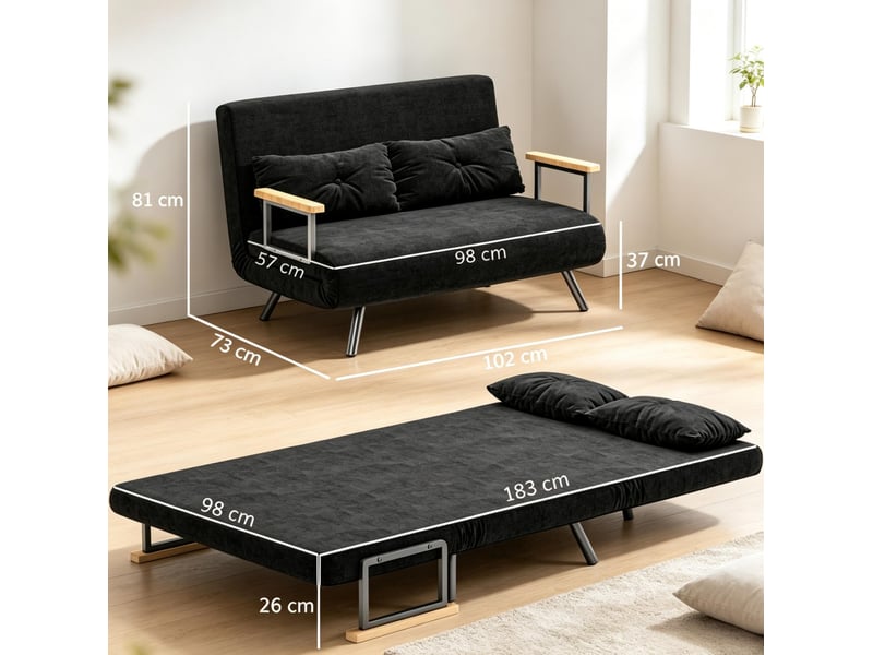 Canapé-lit convertible 2 places 4 en 1, dossier réglable 5 positions, noir  - Conforama C
