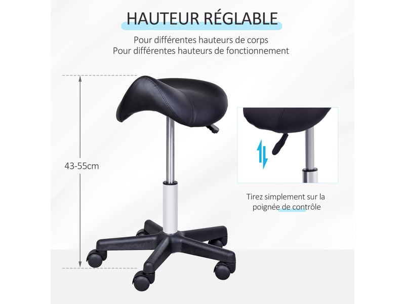  Tabouret de massage à roulettes avec hauteur réglable 43-55 cm et selle ergonomique pivotant 360° pour salon de massage tatouage clinique spa en noir  - Conforama E