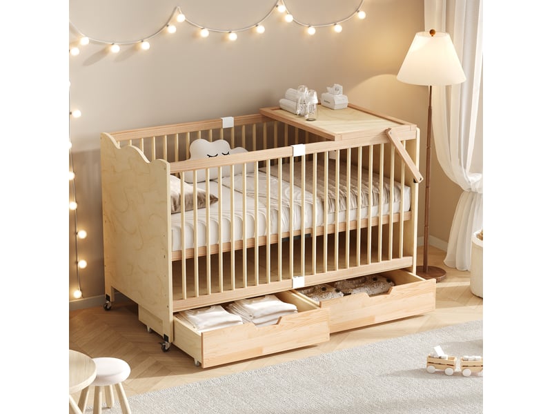  Lit bébé en bois massif 70x140 cm, lit bébé avec tiroirs et table à langer intégrée, pin naturel  - Conforama W