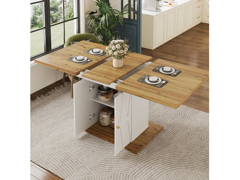  Table extensible avec plateau amovible et étagères intégrées, décor relief, pour cuisine, blanche, 110 × 70 × 76,5 cm  - Conforama C