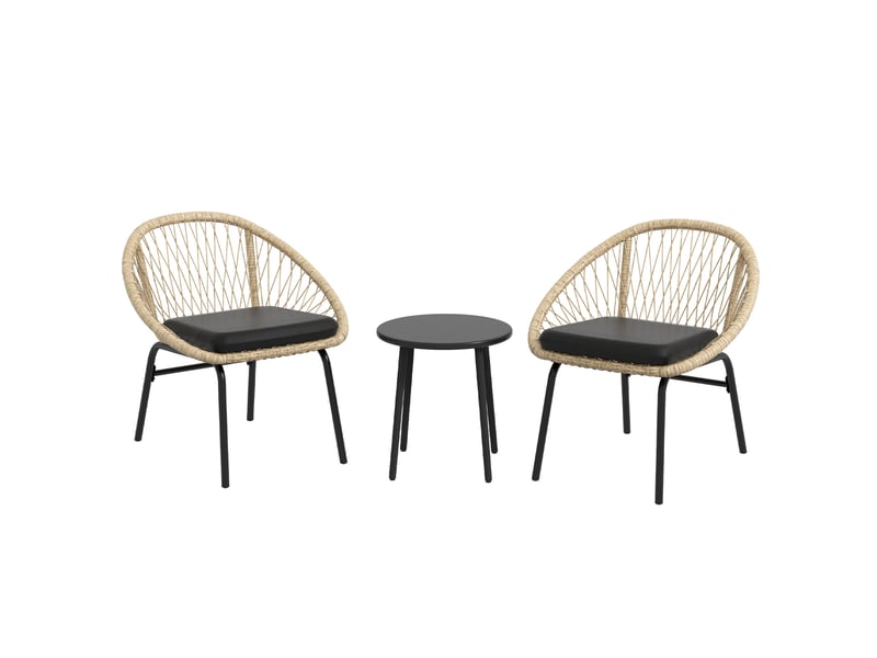  Salon de jardin avec 2 fauteuils à accoudoirs, 1 table ronde et coussins, pour balcon, rotin jaune  - Conforama A