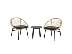 Salon de jardin avec 2 fauteuils à accoudoirs, 1 table ronde et coussins, pour balcon, rotin jaune