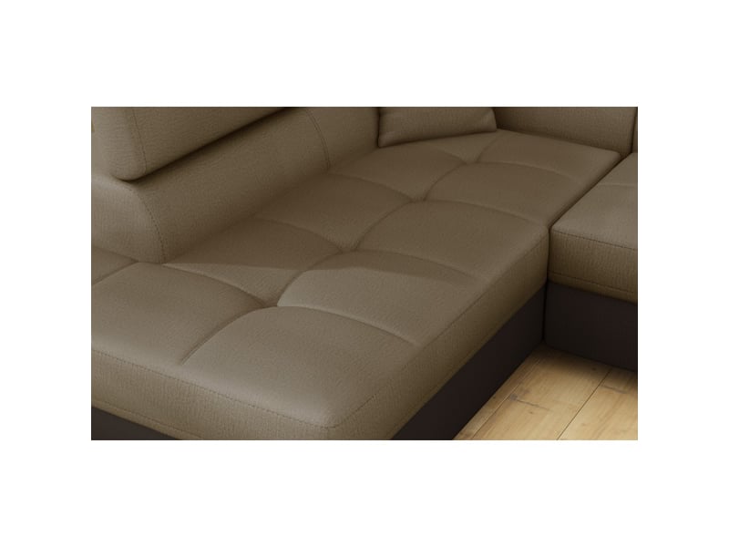 Canapé d'angle convertible menton beige et marron bouclette – angle gauche avec coffre - Conforama E