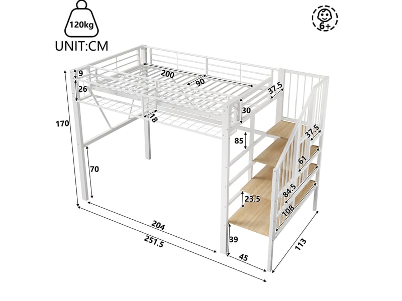  Lit mezzanine 90 × 200 cm avec échelle-étagère, rangement ouvert et bande led en métal et mdf blanc  - Conforama C