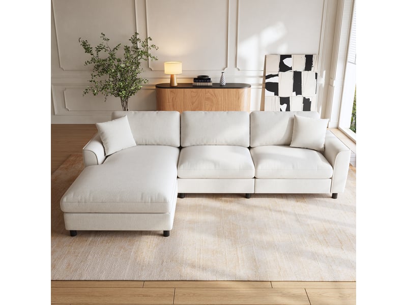  Canapé d’angle modulable en l 256 cm 3 places avec méridienne réversible extra-large 90 cm, accoudoirs courbés, ressorts ensachés, chenille beige  - Conforama C