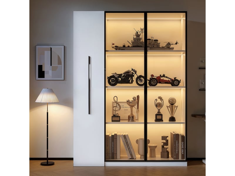  Vitrine armoire led 110x35x160cm meuble de rangement buffet haut bibliothèque avec portes vitrée étagère coulissante, blanc  - Conforama C