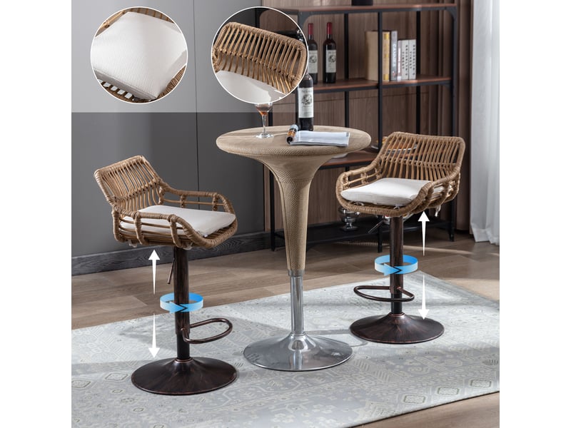  Ensemble de 2 tabourets de bar modernes réglables avec repose-pieds, structure en métal, lin, beige  - Conforama W