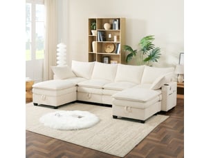 Canapé droit convertible <strong>HAVRYA</strong> <strong></strong> 6 places Velours côtelé beige avec coffre de rangement