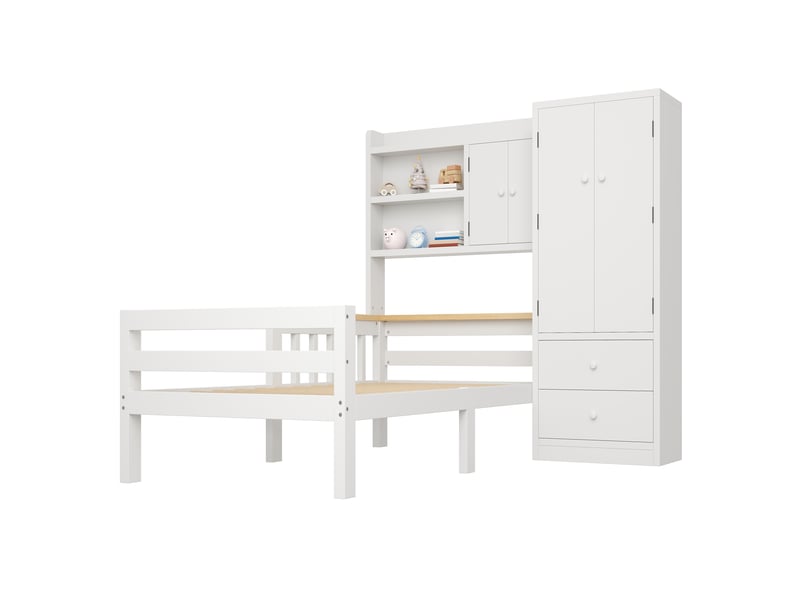 Lit combiné enfant 90x200 avec armoire intégrée, tiroirs, étagères ouvertes, barrières anti-chute, blanc Morn Vibe - Conforama A