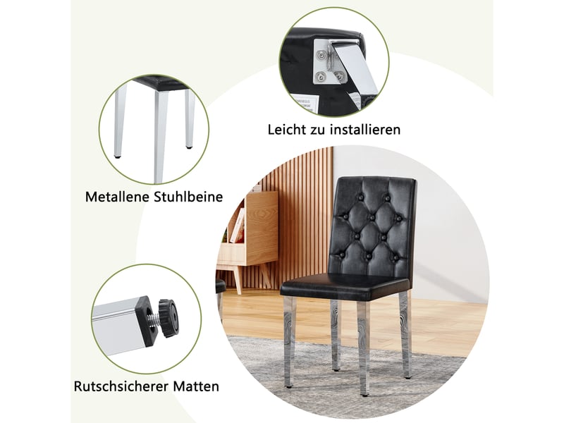  Chaises de salle à manger lot de 4 dossier capitonné  - assise mousse, simili cuir noir et métal argenté  - Conforama E