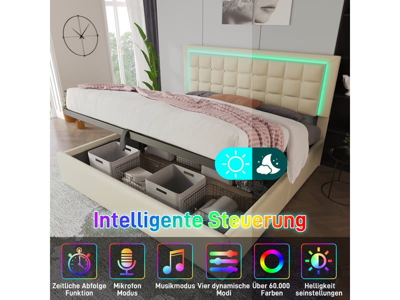  Lit coffre 140x200 cm avec led, rangement hydraulique, tête de lit capitonnée, cadre en similicuir pu avec matelas inclus - blanc (avec matelas)  - Conforama D