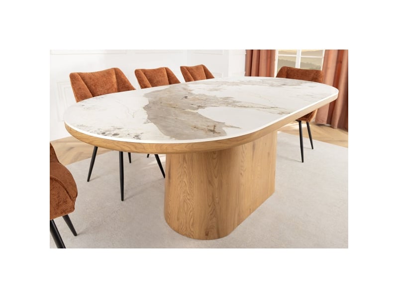  Table de salle à manger lumea – ovale 200 cm – effet marbre blanc – pied large – style contemporain  - Conforama C
