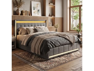 Dreammespace lit double queen size 160x200 cm avec 4 tiroirs et prises usb type-c cadre led sommier à lattes tissu lin gris foncé