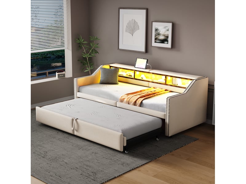  Modenvie banquette lit gigogne 90180x200 cm - rangement lateral, led et port usb, matelas inclus - beige  - Conforama D