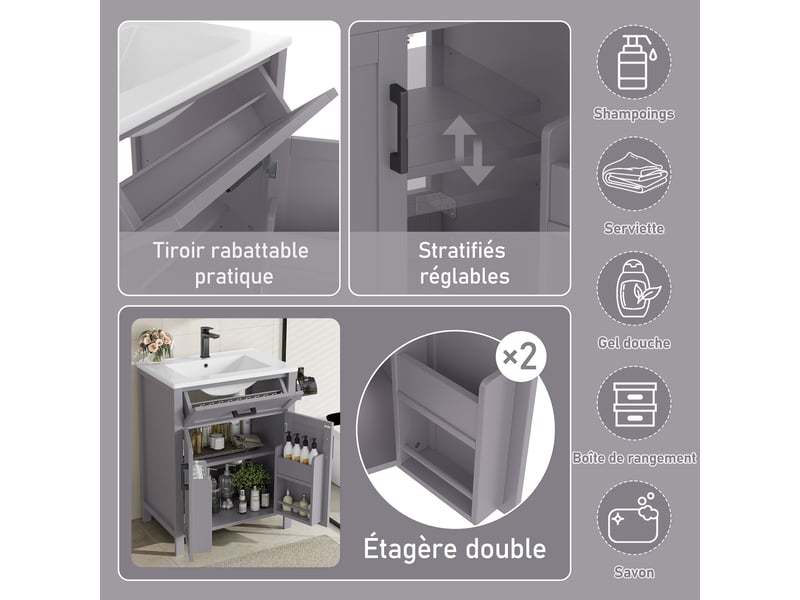 Meuble sous vasque avec 2 portes, 1 tiroir réversible et étagère réglable pour salle de bain, 60×46×84,8 cm  - Conforama E