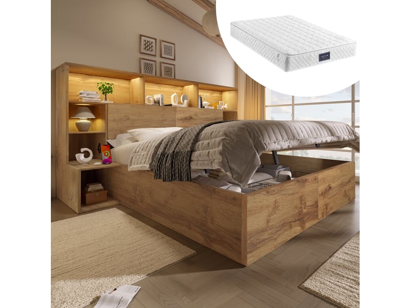  Lit avec rangement 160 x 200 cm avec led, ports usb-c, tables de nuit intégrées, en bois couleur chêne  - Conforama B