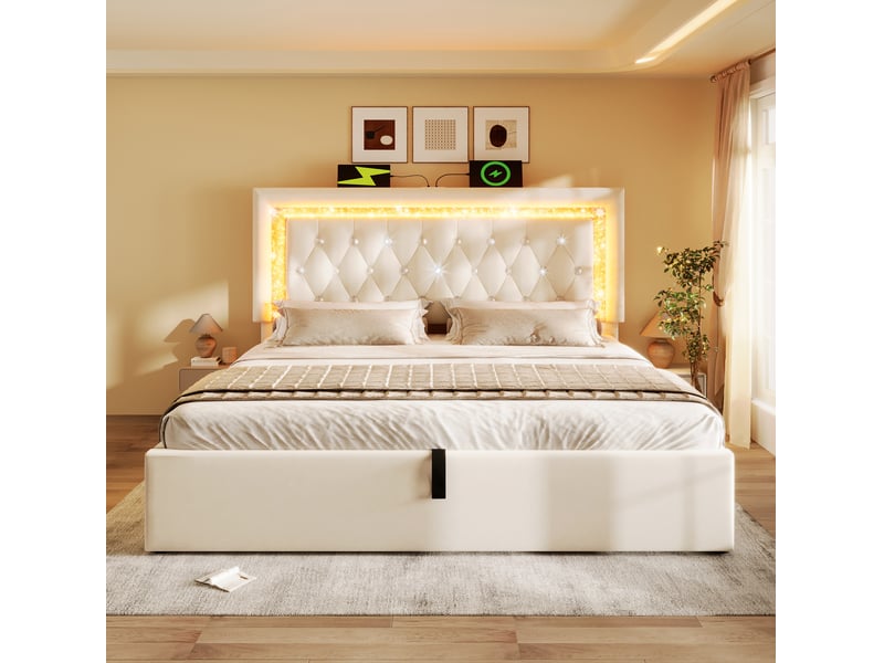  Lit double, 140x200 cm, led, usb et type c, solution de rangement hydraulique, matelas inclus, velours, coloris beige  - Conforama D