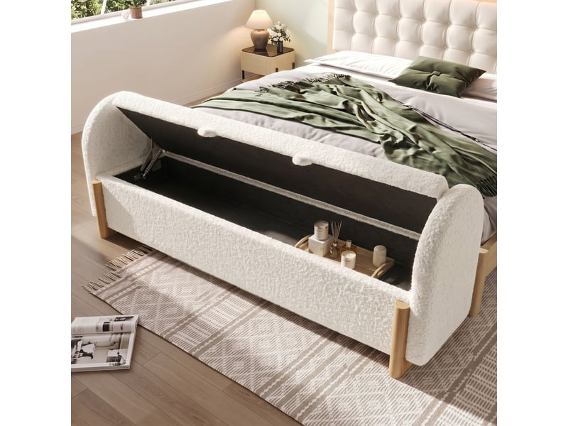  Banc de lit coffre 186 cm bouclette blanc avec rangement hydraulique et pieds en bois  - Conforama D