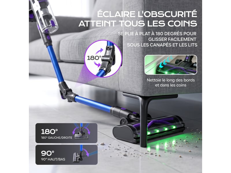  V16f aspirateur balai sans fil – 500w 75 kpa, tube pliable pour sous les lits, écran tactile, mode auto, hepa à 6 étages, 60 min, bleu V16F - Conforama R