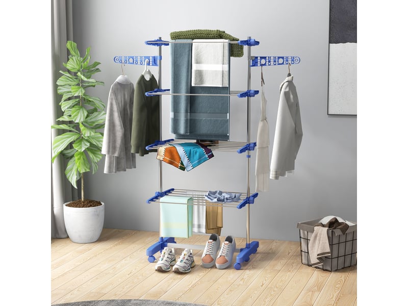 Séchoir à linge pliable avec ailettes latérales, pour une utilisation intérieure et extérieure, 142 x 55 x 172 cm, 4 niveaux, bleu - Conforama D