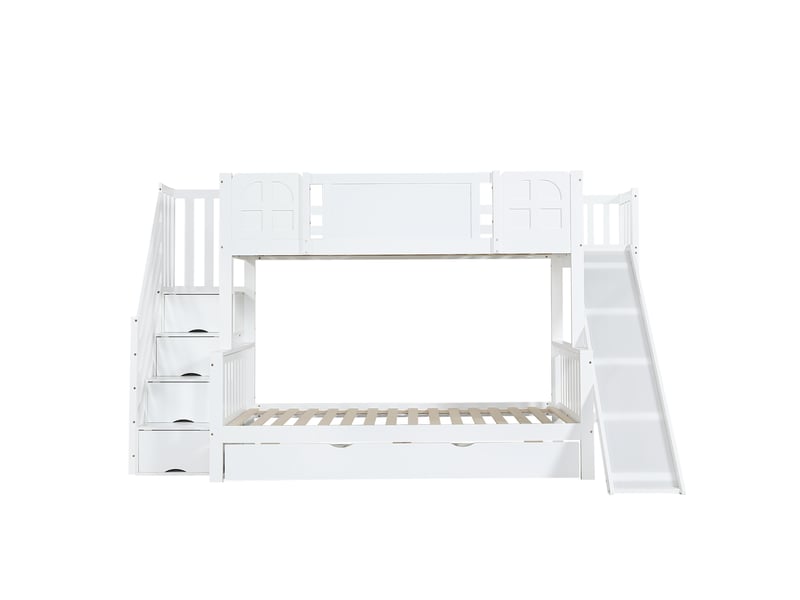 Lit superposé pour enfant avec fenêtre, toboggan, tiroirs à roulettes, escalier avec rampe et 4 casiers intégrés, design polyvalent, grand espace de rangement, pin et mdf, blanc, 90 x 200 cm - Conforama D