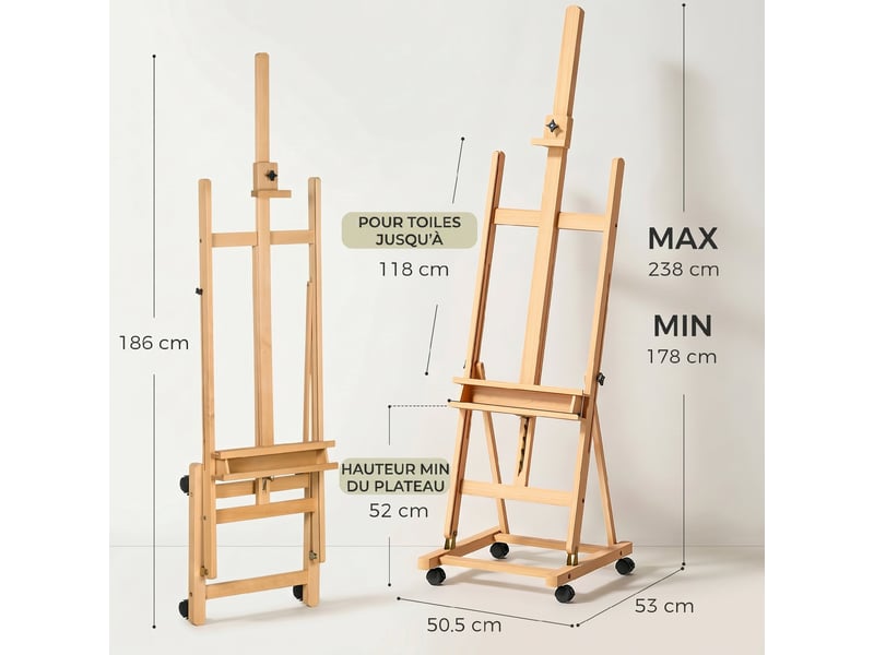  Chevalet d'artiste sur roulettes pliable en bois de hêtre pour toiles à jusqu'à peindre 118 cm bois naturel  - Conforama C