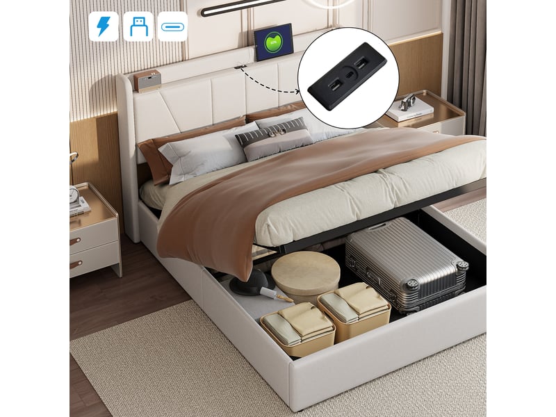  Lit coffre 2 places 160x200 cm, lit adulte double avec rangement, 2 ports usb et 1 type-c, design simple, lin beige  - Conforama R