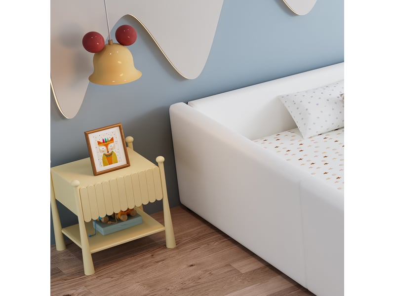  Lit enfant 140x200 cm, lit 2 place, design enveloppant, 3 poches de rangement, sommier, polyuréthane, blanc sans matelas  - Conforama E