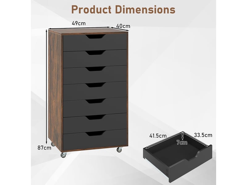 Caisson de bureau mobile 7 tiroirs de bureau, meuble bureau rangement à roulettes, documents, papiers, 49 x 40 x 87 cm (noir+industriel)  - Conforama C