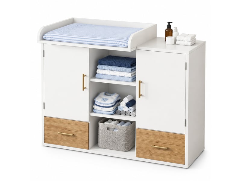  Commode à langer 114x53x92 cm, rangement 2 tiroirs, portes fermées, mdf blanc et naturel  - Conforama A