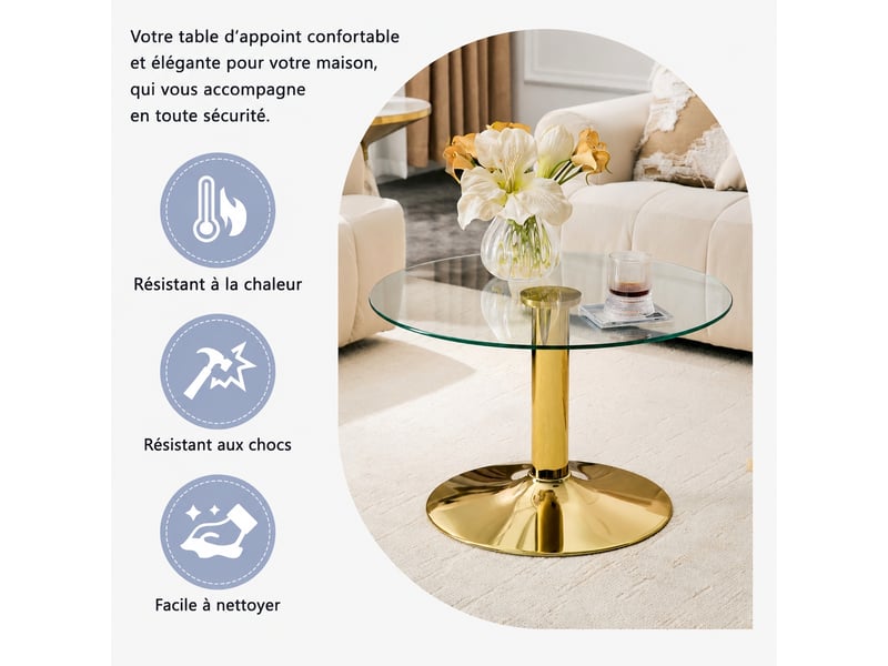  Table basse ronde en verre, structure en métal doré, diamètre de 70 cm, table de salon moderne avec plateau en verre trempé.  - Conforama D