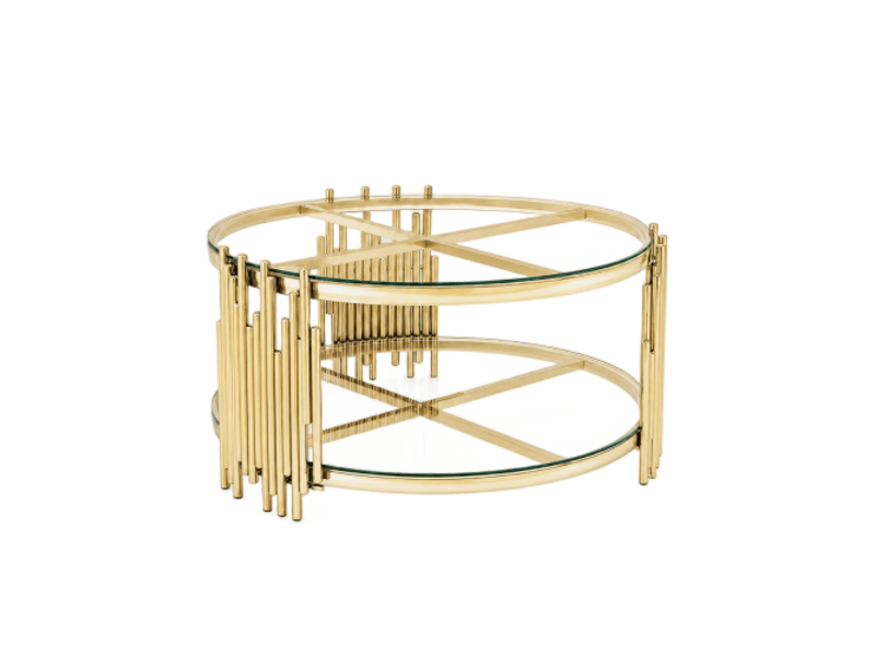  Table basse ronde 80x80x45 cm avec double niveau en métal doré et transparent, design moderne  - Conforama A
