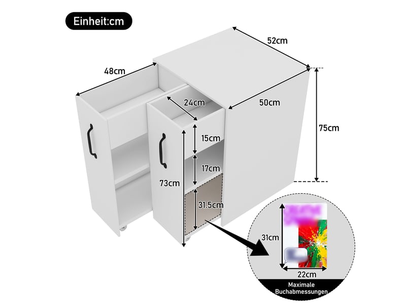  Petite bibliothèque à roulettes 52x50x75cm, table de chevet compacte blanche avec tiroirs, meuble de rangement réversible pour bureau et salon.  - Conforama C