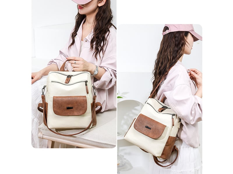  Sac à dos femme en cuir, petit format – imperméable, anti-vol, bandoulière pour ladies-blanc + marron  - Conforama D