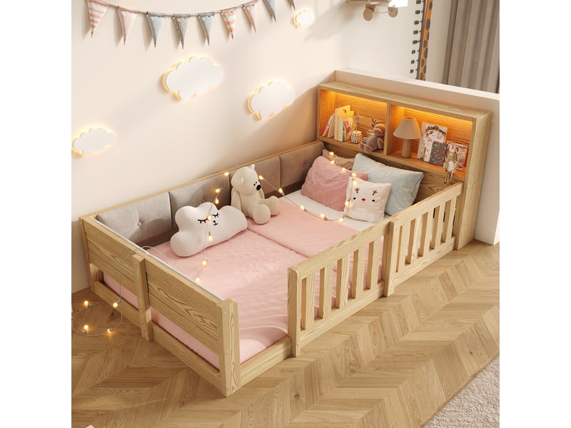  Lit enfant simple 90×200 cm avec barrières, led et rangements - okmyhome- lit bas naturel, sans matelas  - Conforama C