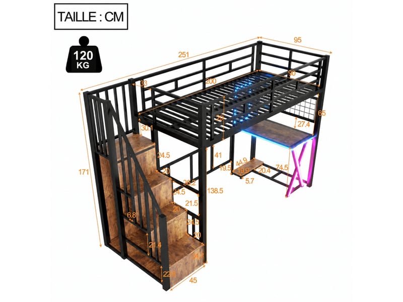  Lit mezzanine 90 x 200 cm avec bureau et armoire, échelle de rangement, éclairage led, structure en métal et mdf noir  - Conforama C