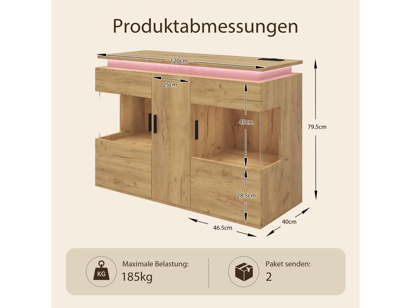  Buffet et enfilade à portes vitrées, rangements ouverts, led et station de charge pour salon 120×40×79,5 cm chêne clair  - Conforama D