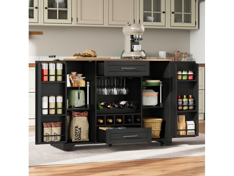  Desserte de cuisine 138x4570x92 cm à roulettes, plateau rabattable, noir naturel  - Conforama D