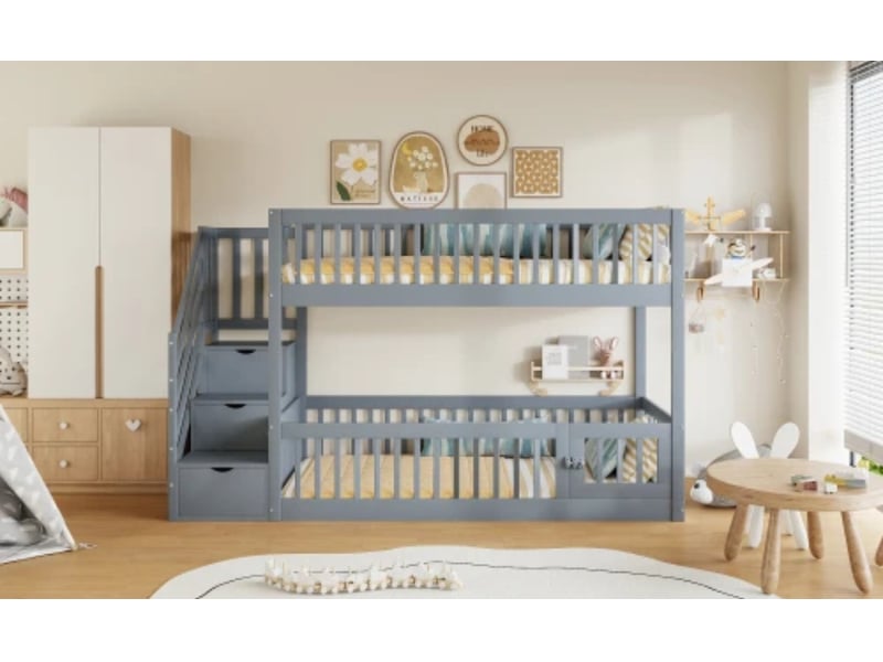  Lit superposé enfant 90×200 cm, escalier sécurisé + tiroirs, bois, rangement, gris  - Conforama B