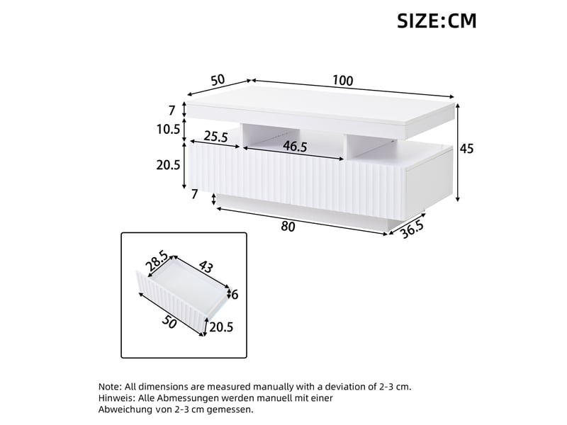  Table basse 100x50x45 cm blanche avec 2 tiroirs et éclairage led  - Conforama C